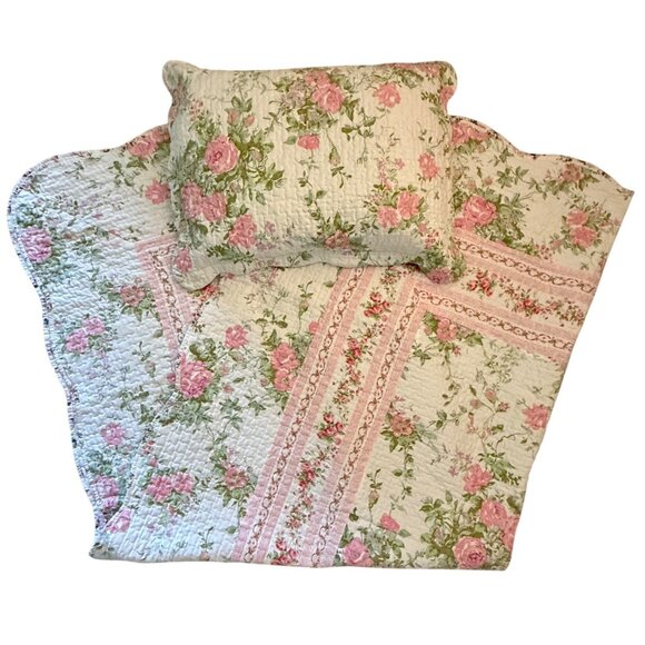 Floral Quilt Twin Full Pink Green Reversible Bedding and Pillow Sham Cottage - Picture 2 of 14